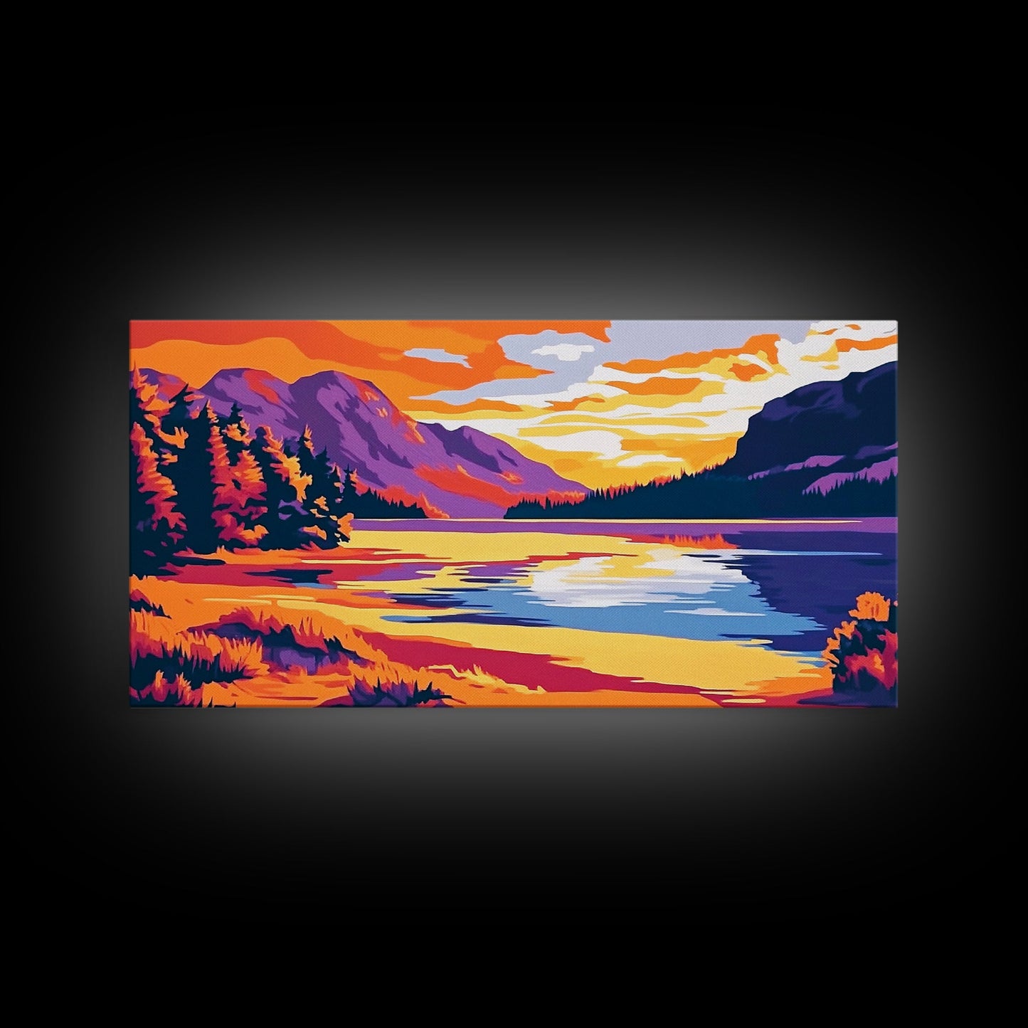 Mountain Lake, Sunset Wall Art, Nature Scene, Vibrant Colors, Rustic Decor, Modern Wilderness, Living Room, Canvas Print