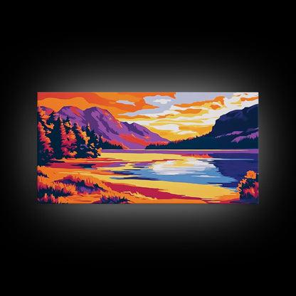 Mountain Lake, Sunset Wall Art, Nature Scene, Vibrant Colors, Rustic Decor, Modern Wilderness, Living Room, Canvas Print
