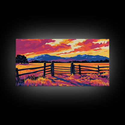 Rustic Fence, Prairie Landscape, Western Wall Art, Golden Fields, Warm Sunset, Country Aesthetic, Entryway, Canvas Print