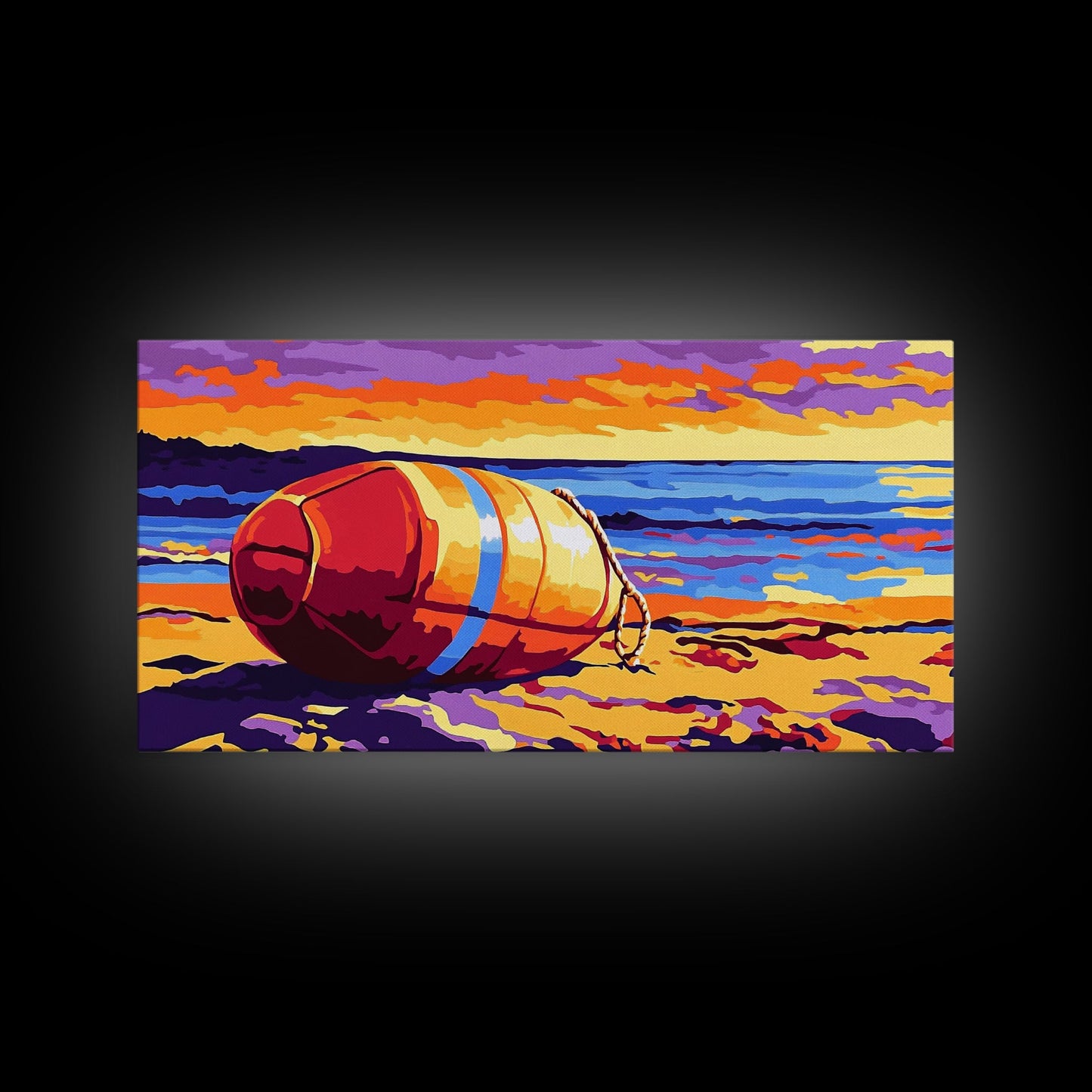 Beach Buoy, Coastal Sunset Painting, Vibrant Nautical Art, Ocean Shore Decor, Framed Canvas Print, Bathroom Wall Art, Beach House Style