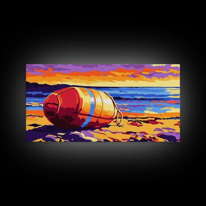 Beach Buoy, Coastal Sunset Painting, Vibrant Nautical Art, Ocean Shore Decor, Framed Canvas Print, Bathroom Wall Art, Beach House Style