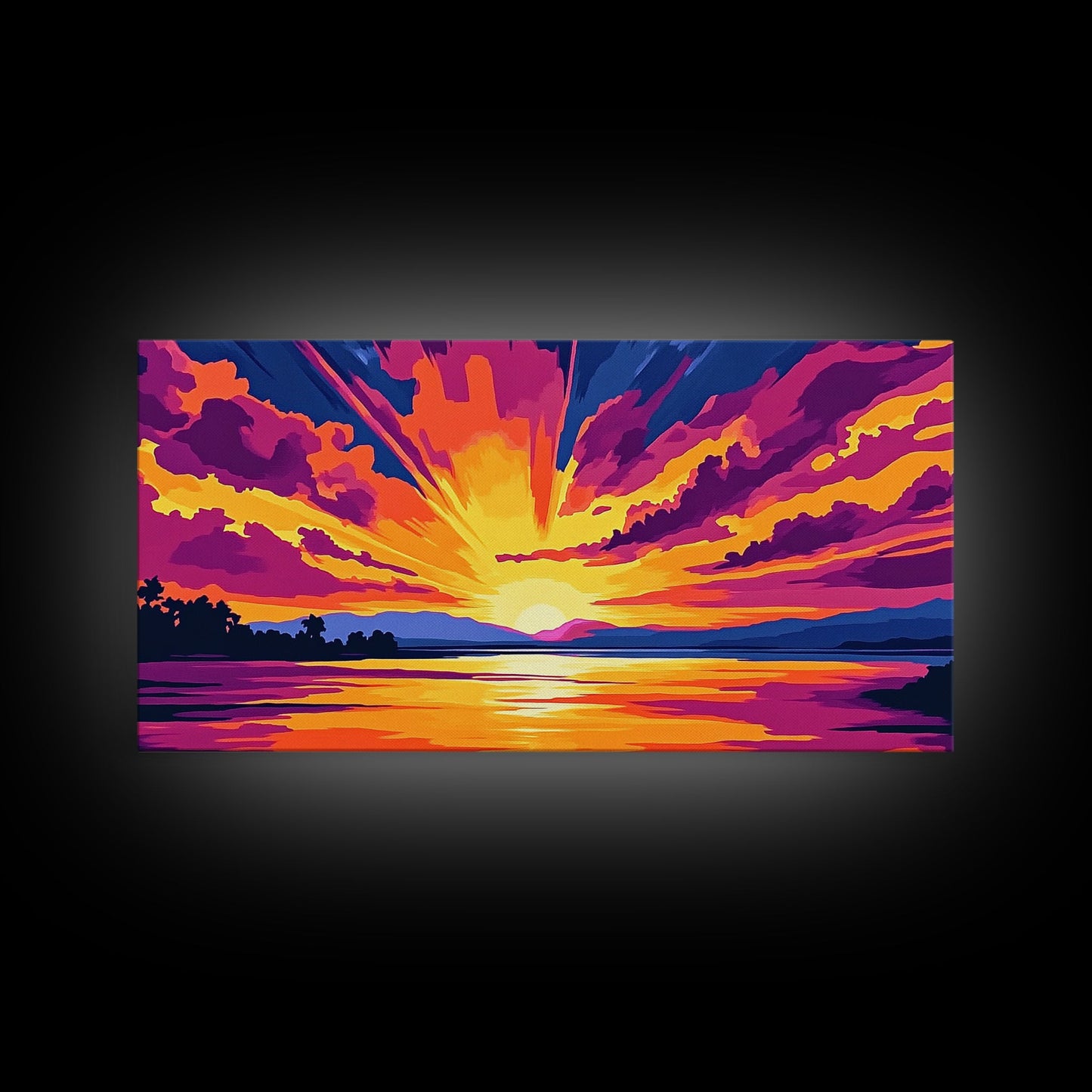 Vibrant River Sunset, Colorful Landscape Wall Art, Warm Nature Print, Bold Sky Painting, Autumn Home Decor, Framed Canvas Print