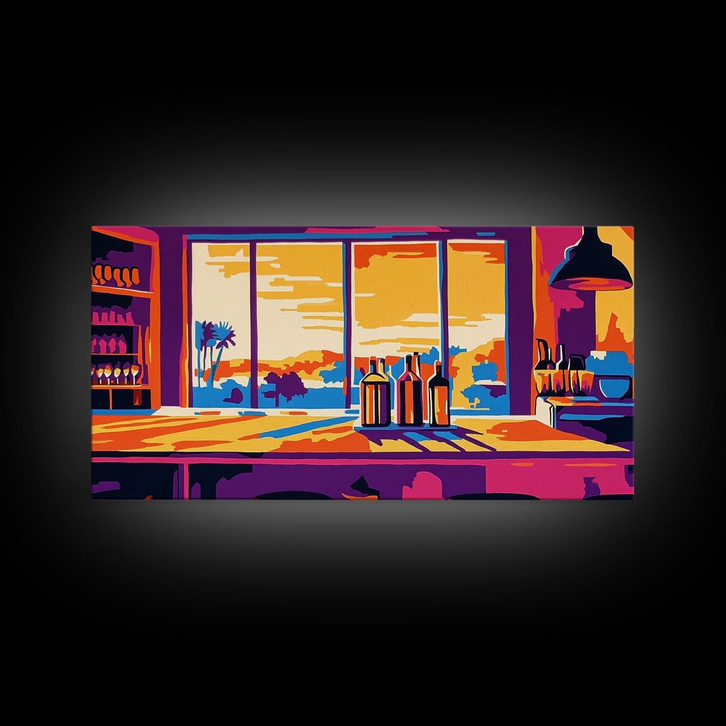 Bar Sunset, Wine Bottles, Cozy Kitchen, Framed Canvas Print, Wall Art, Modern Home, Dining Room, Cocktail Lounge, Warm Colors, Vibrant Art