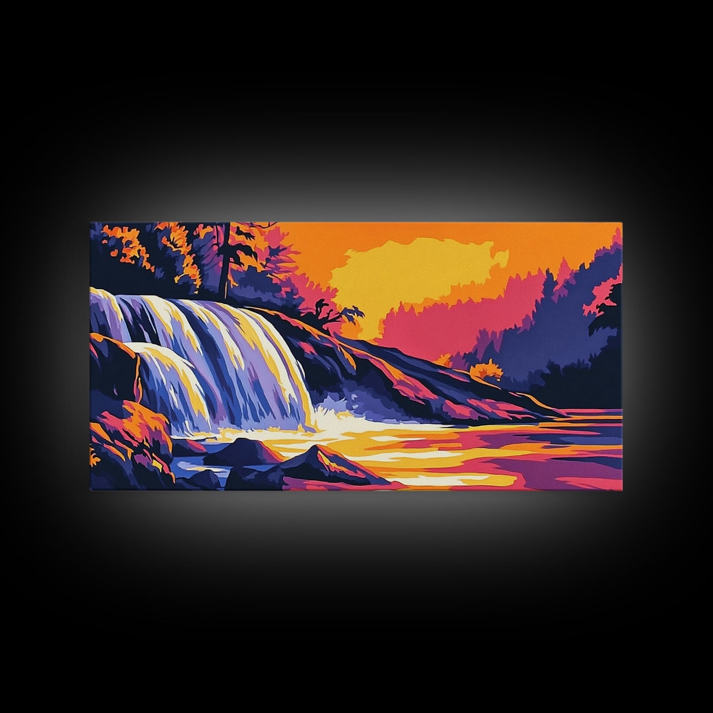 Waterfall, Forest, Autumn Sunset, Peaceful Scenery, Framed Canvas Print, Cabin Retreat, Rustic Home, Relaxing Nature, Vibrant Colors