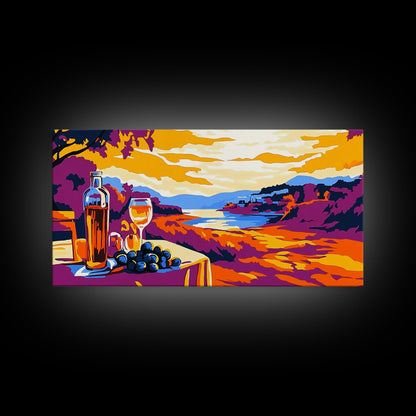 Wine and Sunset, Coastal Vineyard Art, Framed Canvas Print, Kitchen Wall Decor, Rustic Countryside Art, Tuscany Inspired