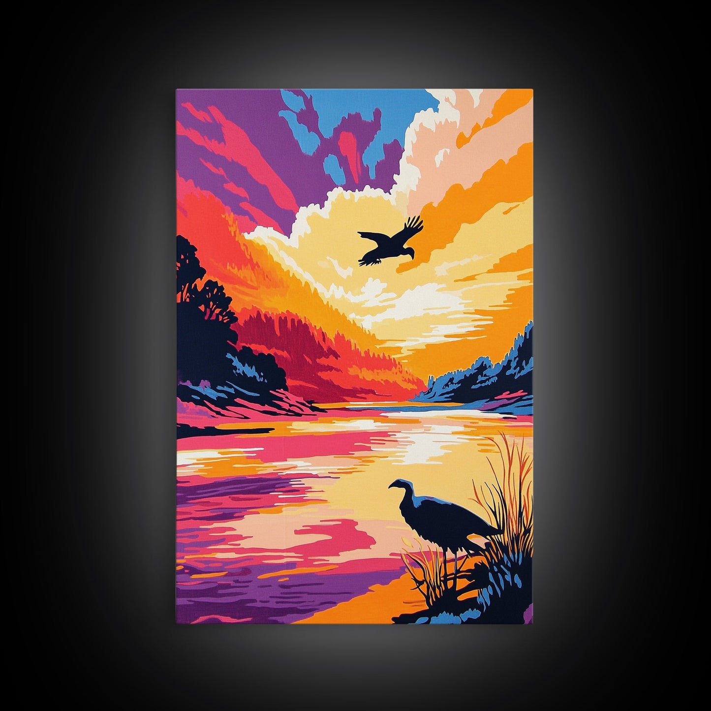 Sunset River, Birds, Framed Canvas Print, Vibrant Nature Art, Wildlife Wall Art, Autumn Landscape, Office Artwork, Colorful Sunset Scene