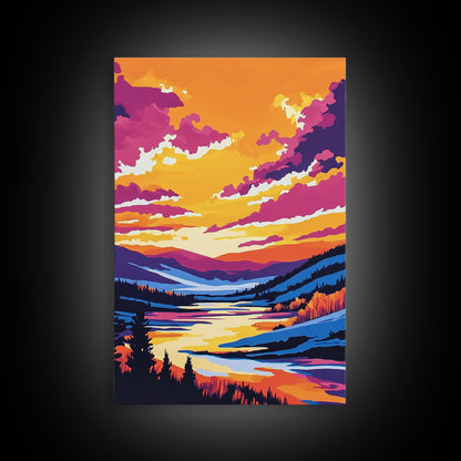 Sunset Valley, Reflection, Framed Canvas Print, Mountain River Art, Vibrant Landscape, Living Room Wall Art, Rustic Home Decor