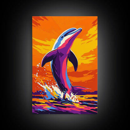 Dolphin Ocean, Sunset, Framed Canvas Print, Vibrant Sea Life Art, Beach House Decor, Coastal Living Art, Sunset Painting, Nautical Theme