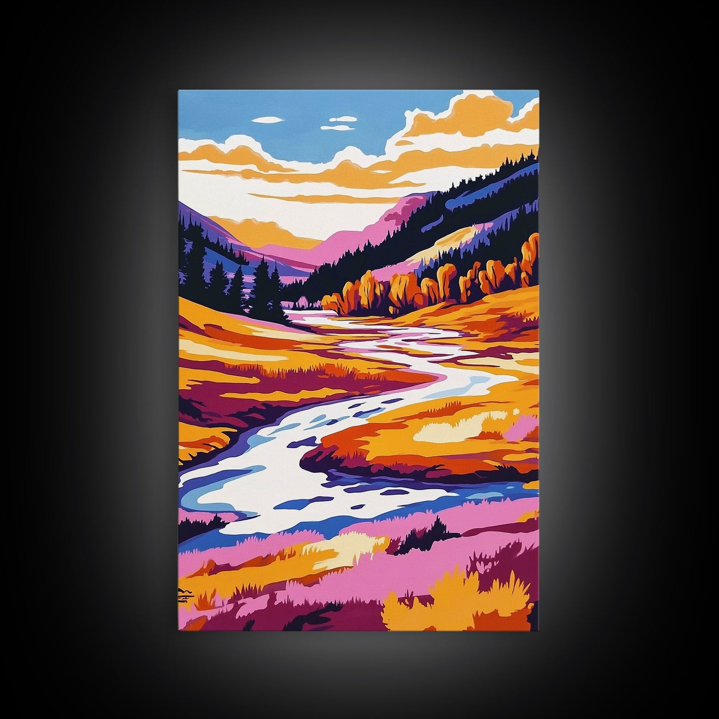Autumn River, Valley, Canvas Print, Vibrant Fall Landscape, Cabin Wall Decor, Warm Color Palette, Nature Lover Gift, Cozy Home Wall Art