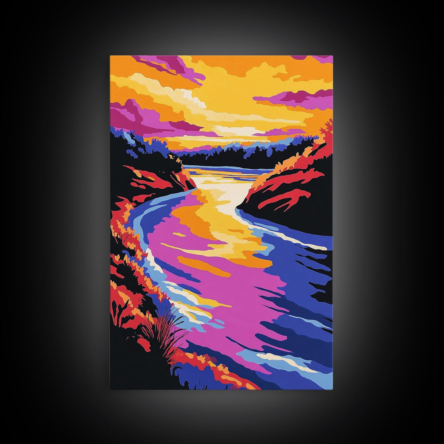 Sunset River Bend, Vibrant Landscape, Colorful Sky, Bold Nature, Framed Canvas Print, Living Room Art, Rustic Wall Decor, Boho Landscape