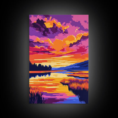 Sonnenuntergangsspiegelung, lebendige Naturkunst, Herbstlandschaft, malerische Wanddekoration, gerahmter Leinwanddruck, Wandbild fürs Wohnzimmer, Boho-Kunst