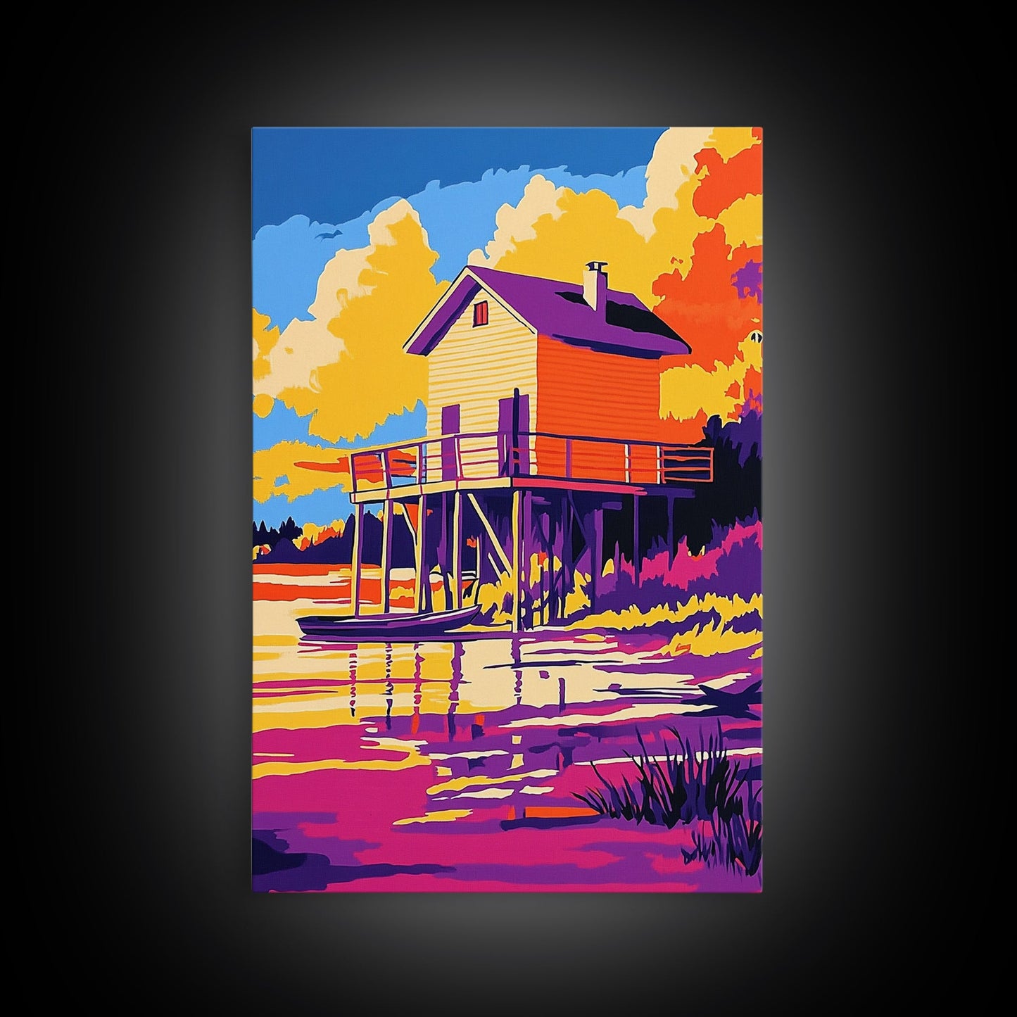 Sunset Cabin, Lake House, Scenic Art, Framed Canvas Print, Colorful Wall Art, Rustic Decor, Nature Painting, Living Room Wall Art