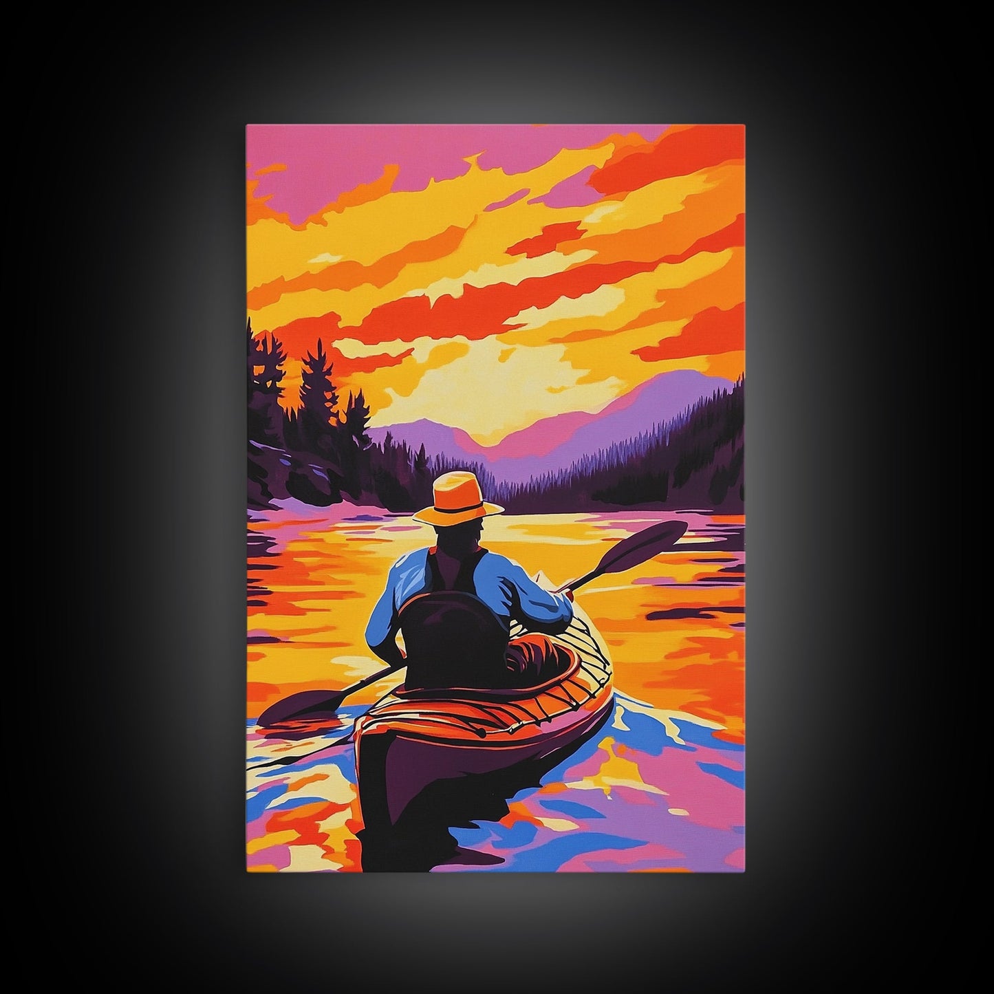 Kayaker Journey, Scenic River Painting, Vibrant Water Art, Framed Canvas Print, Adventure Wall Decor, Nature Lover Art, Sports Wall Art