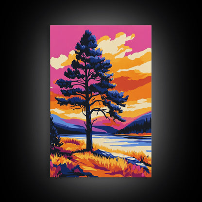 Lone Tree, Mountain Landscape, Vibrant Nature Art, Sunset Painting, Framed Canvas Print, Wilderness Decor, Autumn Wall Art, Office Decor