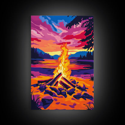 Campfire at Sunset, Framed Canvas Print, Cozy Outdoor Scene, Vibrant Warm Colors, Rustic Cabin Wall Art, Nature Art, Living Room Accent