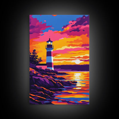 Leuchtturm, Sonnenuntergang, Küste, Meereslandschaft, gerahmter Leinwanddruck, nautische Dekoration, Wandbild fürs Strandhaus, lebendiges Ozeangemälde, Wohnzimmerkunst