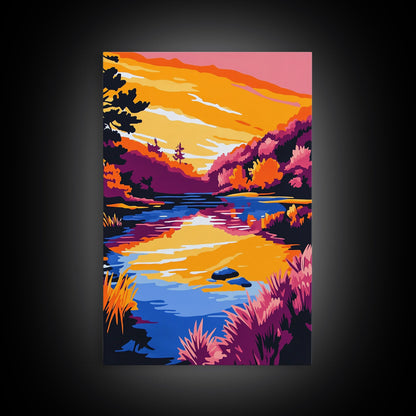 Tranquil Stream, Sunset Reflection, Framed Canvas Print, Cozy Wall Art, Nature Retreat Decor, Living Room Artwork, Serene Landscape