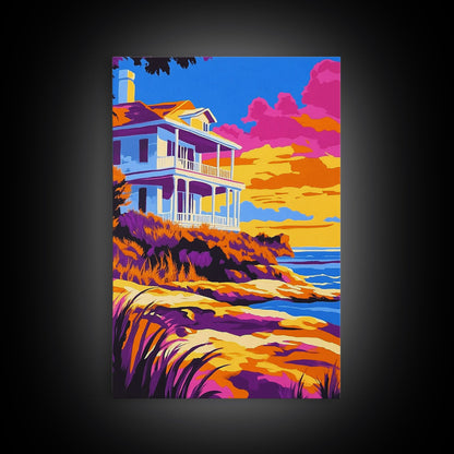 Coastal Home, Seaside Escape, Beach House, Canvas Print, Ocean Wall Art, Vibrant Summer Decor, Living Room Wall Art