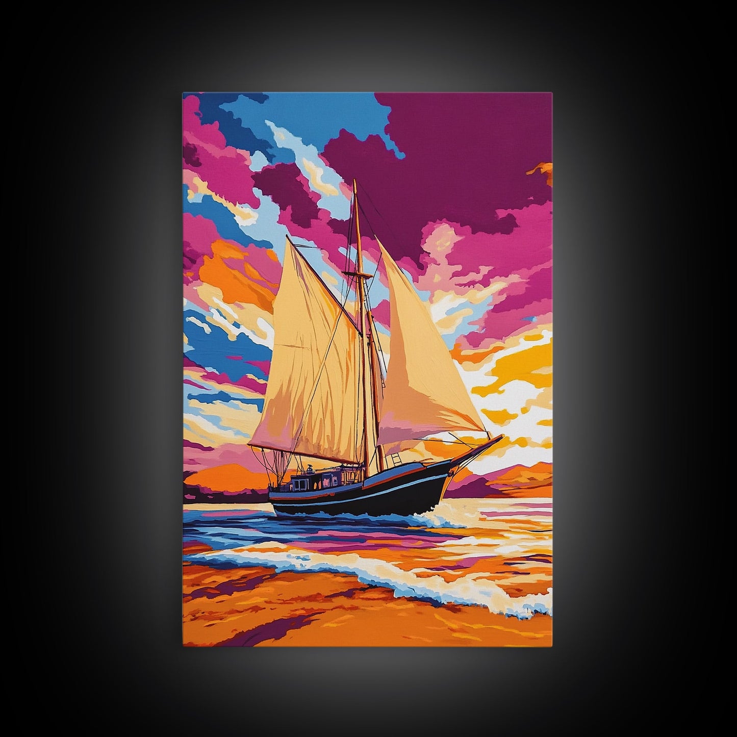 Sailing, Ocean Sunset, Nautical Art, Framed Canvas Print, Coastal Wall Art, Vibrant Seascape, Living Room Decor, Beach House Art
