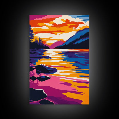 Lake, Reflective Sunset, Tranquil Nature, Canvas Print, Serene Landscape, Home Wall Art, Mountain View Decor, Living Room Artwork