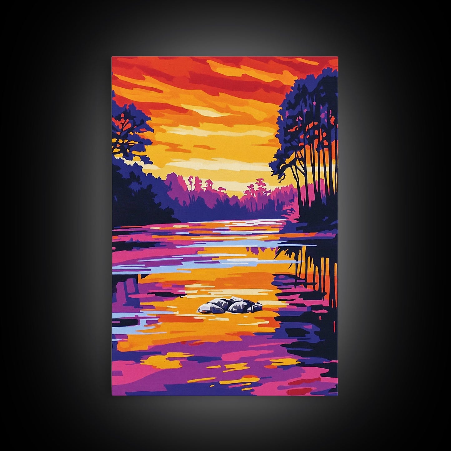 River Sunset, Nature Reflection, Forest Landscape, Peaceful Water, Framed Canvas Print, Boho Art, Rustic Wall Art, Bedroom Decor