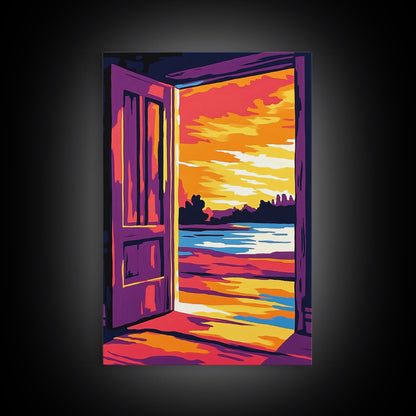 Offene Tür, Sonnenuntergangsmotiv, Gemälde mit warmem Licht, Einladende Wohndekoration, Inspirierende Wandkunst, Gemütliche Inneneinrichtung, Gerahmter Leinwanddruck