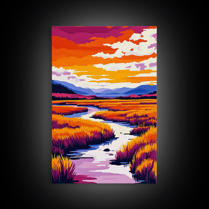 River Landscape Painting, Autumn Wall Art, Nature Inspired Print, Warm Color Palette, Framed Canvas Print, Cozy Living Room Decor