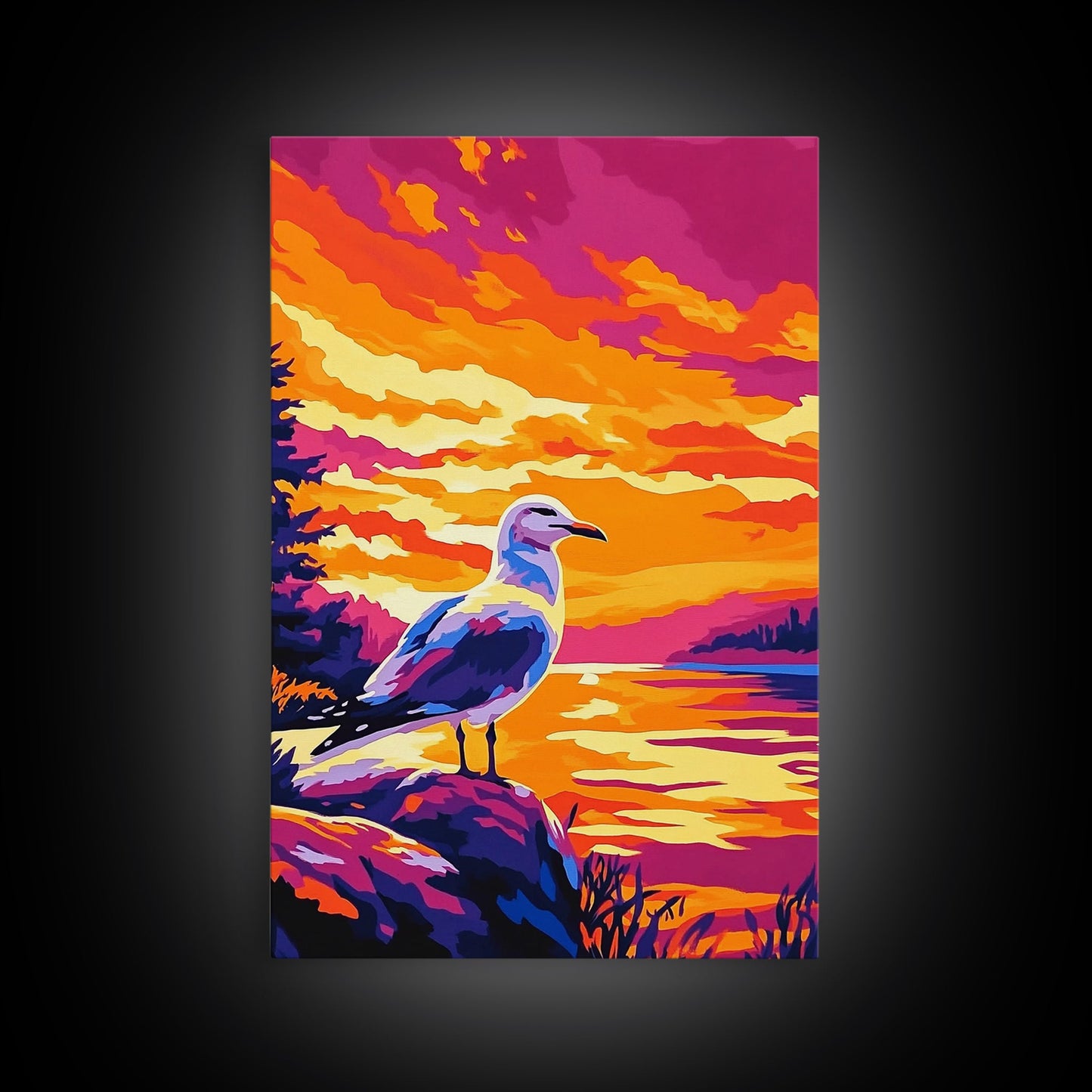 Seagull Sunset Art, Coastal Bird Painting, Ocean Landscape Print, Beach House Wall Decor, Framed Canvas Print, Nautical Bedroom Artwork