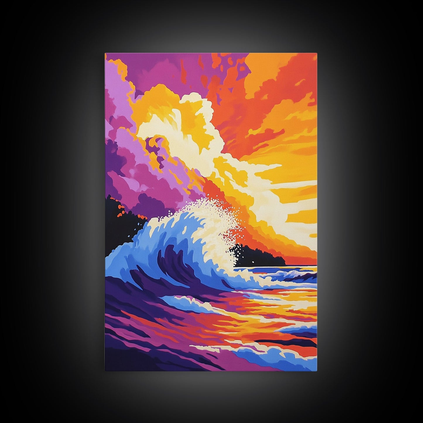 Powerful Ocean Wave, Surfing Wall Art, Vibrant Sunset Seascape, Coastal Home Decor, Framed Canvas Print, Beach House Living Room Art