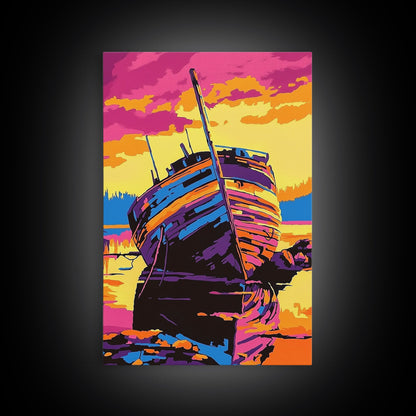 Shipwreck, Abandoned, Sunset, Canvas Print, Nautical Wall Art, Coastal Home Decor, Weathered Beauty, Beach House, Maritime Aesthetic