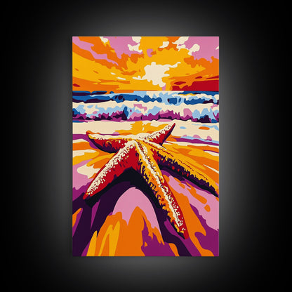 Starfish Beach, Ocean Sunset, Coastal Decor, Framed Canvas Print, Nautical Wall Art, Beach House Decor, Vibrant Painting, Summer Vibes