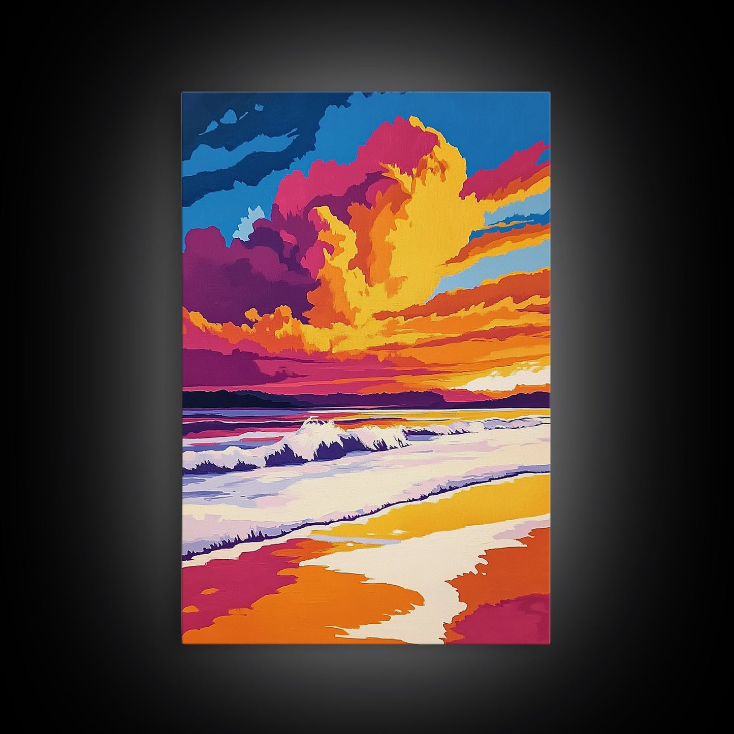 Beach Sunset, Vibrant Waves, Ocean Wall Art, Coastal Decor, Framed Canvas Print, Tropical Art, Living Room Art, Summer Aesthetic