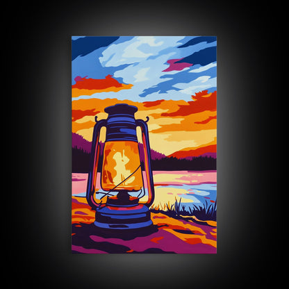 Lantern Glow, Rustic Camping Art, Warm Night Scene, Sunset Painting, Framed Canvas Print, Cabin Wall Art, Nature Decor, Outdoor Aesthetic