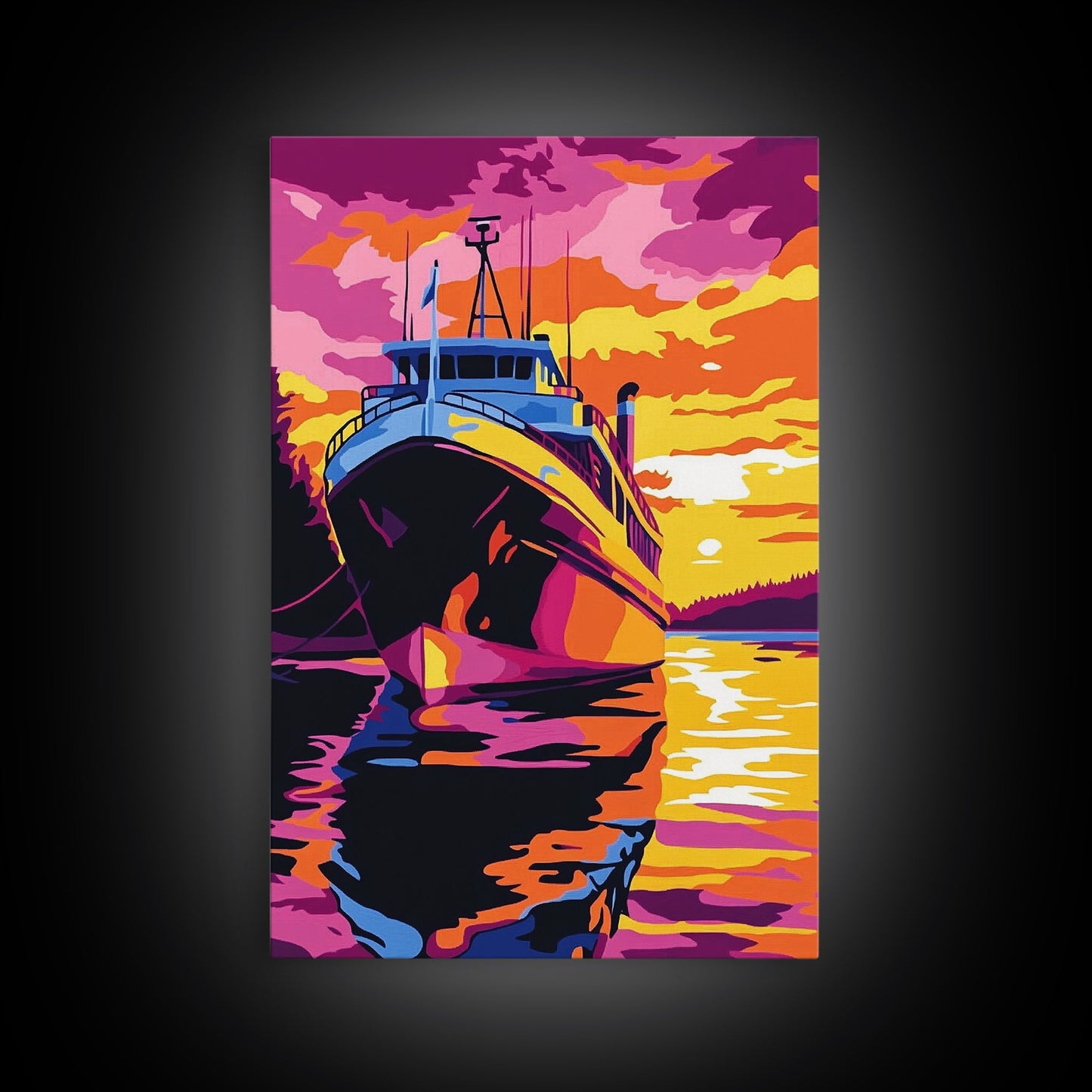 Sunset Boat Art, Nautical Wall Art, Ocean Sunset Painting, Coastal Decor, Vibrant Boat Scene, Framed Canvas Print, Living Room Art