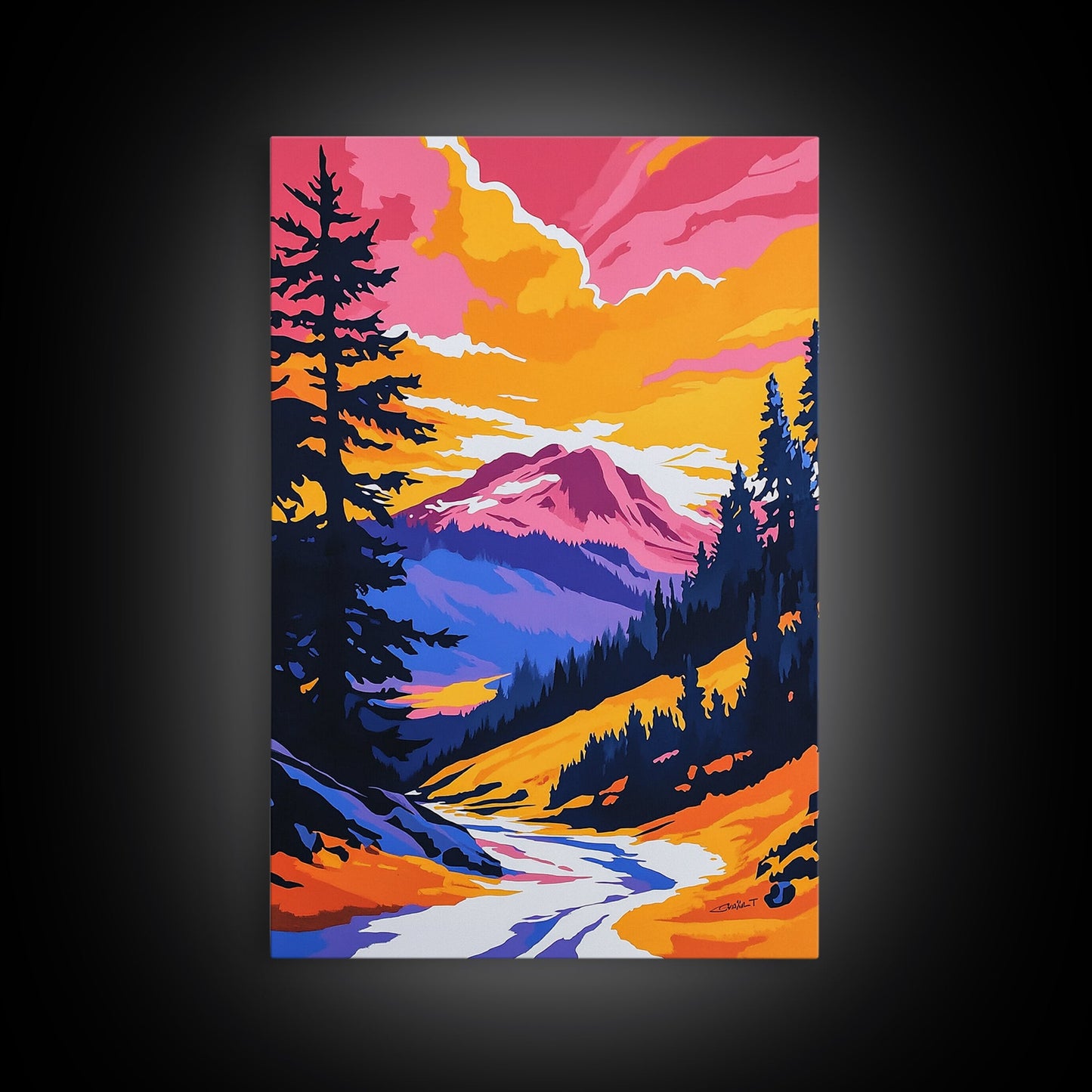 Mountain View Art, Nature Painting, Colorful Scenic Decor, Alpine Sunset, Wilderness Print, Framed Canvas Print, Office Wall Art