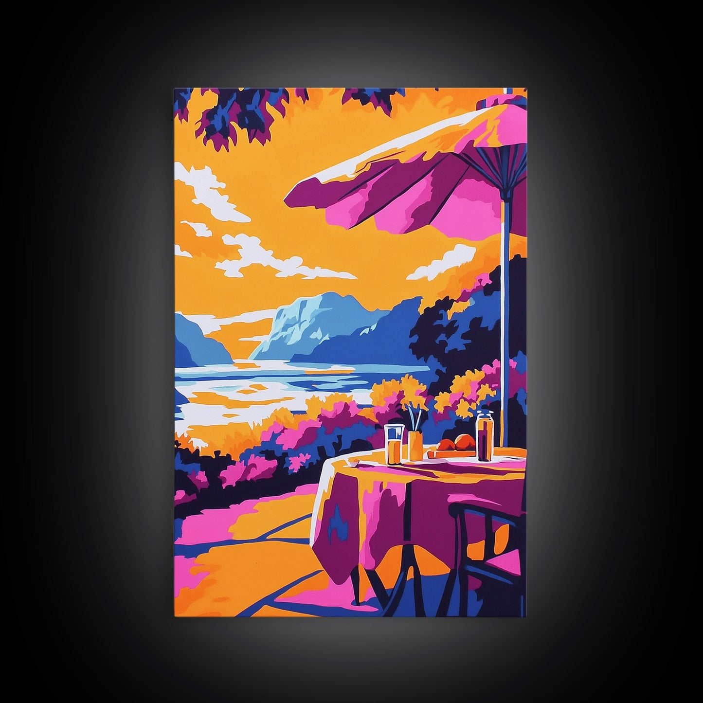 Outdoor Dining, Scenic View, Summer Patio Art, Relaxing Wall Decor, Cafe Scene, Vacation Aesthetic, Framed Canvas Print, Gift Idea