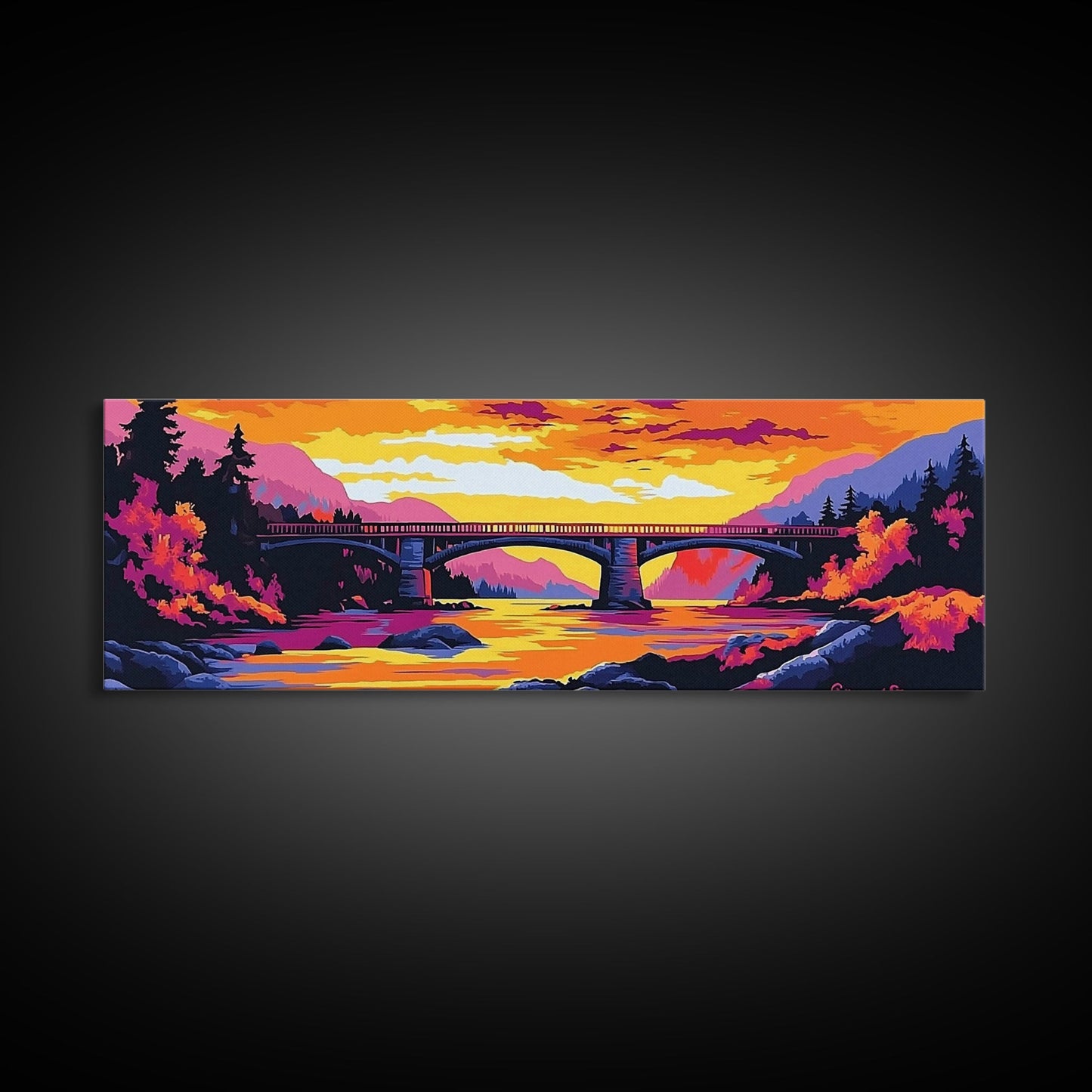 Stone Bridge, River Sunset, Autumn Art, Nature Scene, Living Room Wall Art, Colorful Home Decor, Canvas Print, Modern Landscape