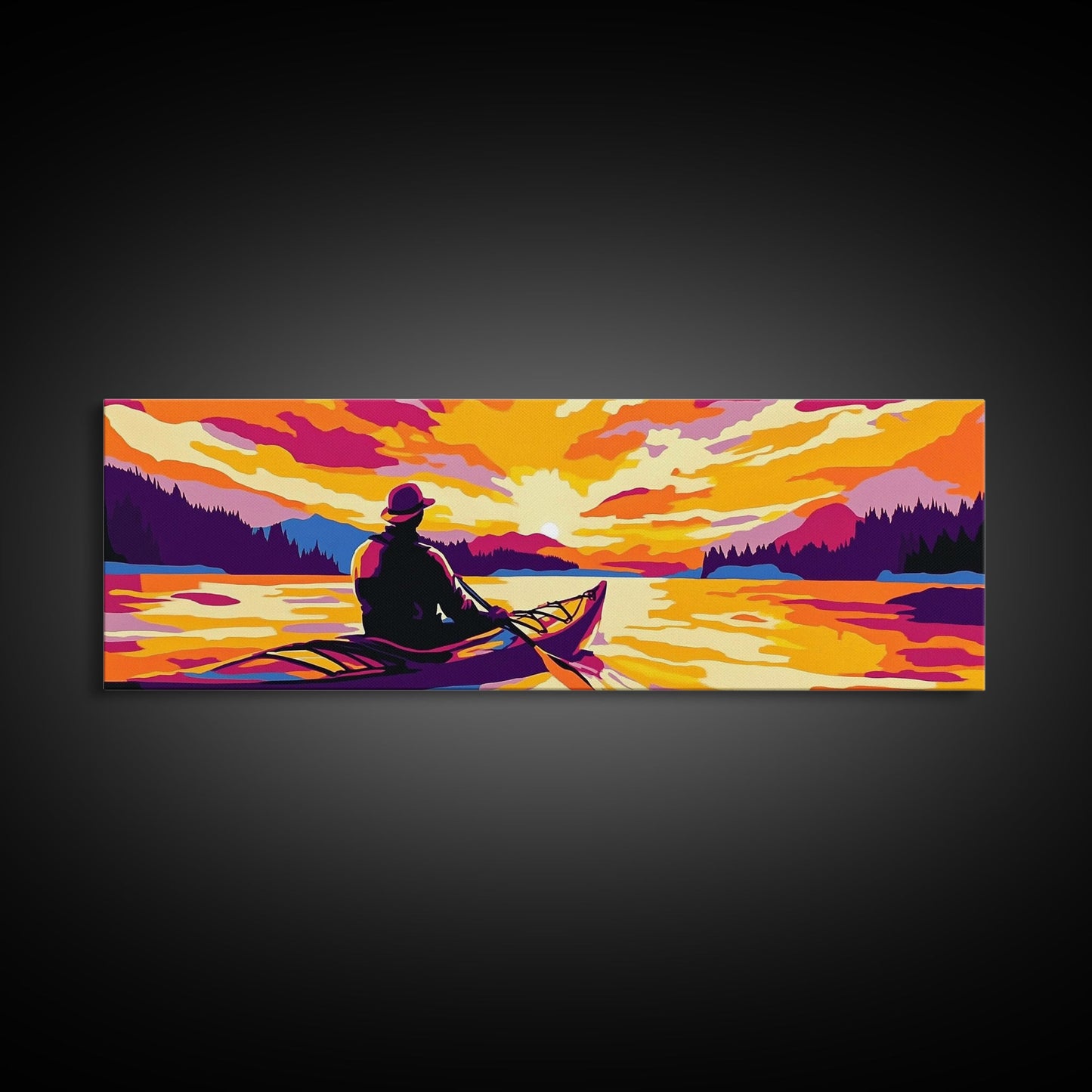 Kayak Adventure, Scenic Lake, Outdoor Wall Art, Sunset Reflections, Bold Landscape, Nature Escape, Vibrant Colors, Canvas Print