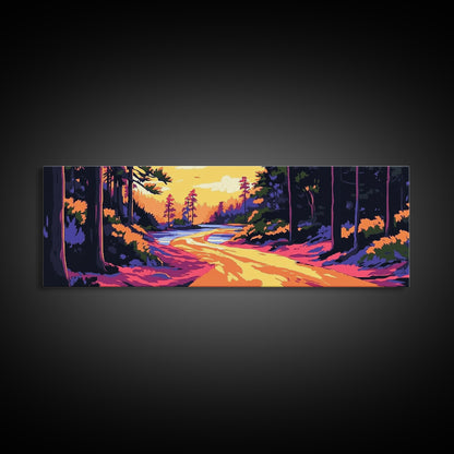 Forest Path, Scenic River, Golden Sunset, Framed Canvas Print, Rustic Home Decor, Nature Landscape Art, Cozy Cabin Decor, Fall Aesthetic