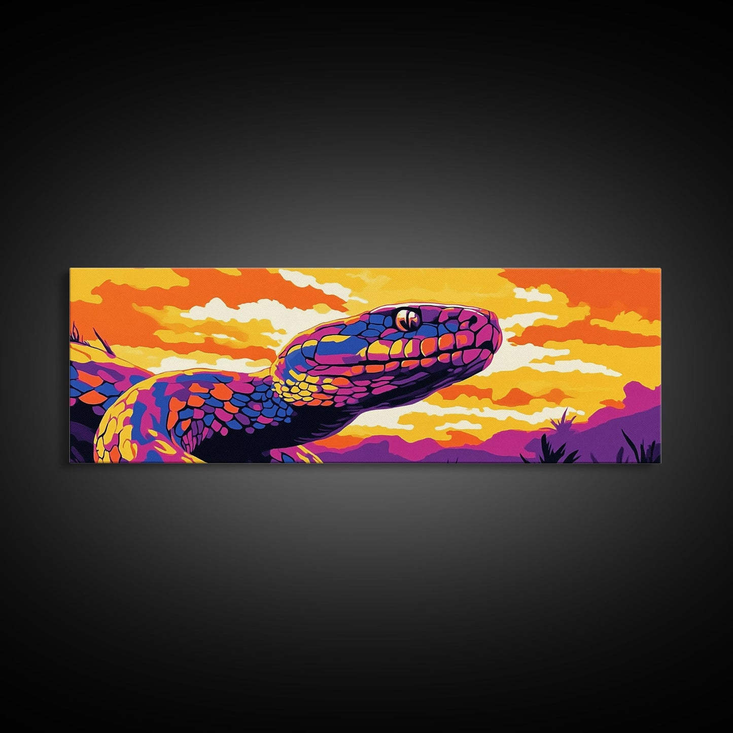 Vibrant Snake, Sunset Wildlife, Colorful Reptile, Nature Art, Framed Canvas Print, Boho Home Decor, Living Room Wall Art, Wildlife Gift