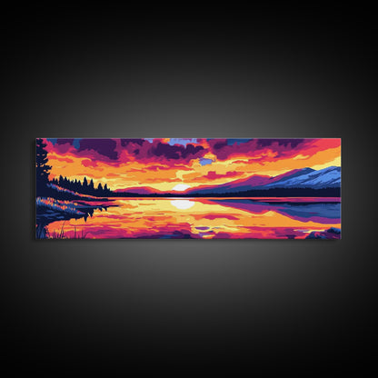 Bergspiegelung, Naturwandbild, Sonnenuntergang am See, Wildnis-Druck, Leinwanddruck, Rustikale Wohndekoration, Kunst fürs Wohnzimmer im Hüttenstil