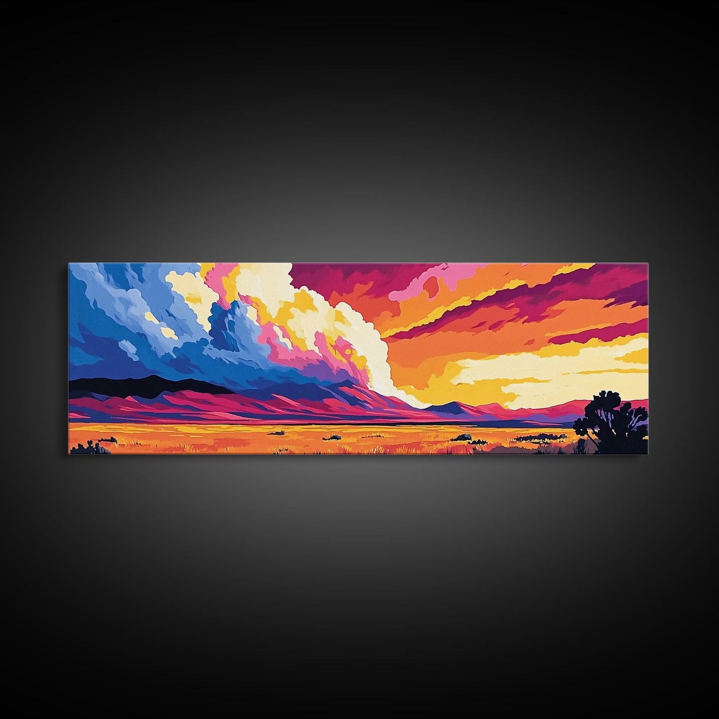 Mountain Clouds, colorful sunset, nature scenery, abstract sky painting, vibrant home decor, Office Wall Art, Framed Canvas Print