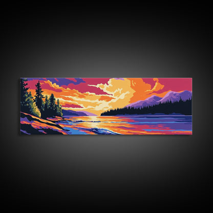 River Sunset, pine forest, mountain landscape, nature decor, cabin retreat, Fall Wall Art, Canvas Print, Framed Canvas Print