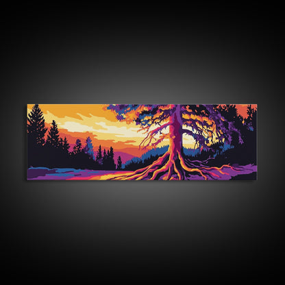 Lebendiger Baum, Sonnenuntergangsmotiv, gerahmter Leinwanddruck, Natur-Wanddeko, psychedelische Kunst, Boho-Landschaft, großes Wandbild, Bürodekoration
