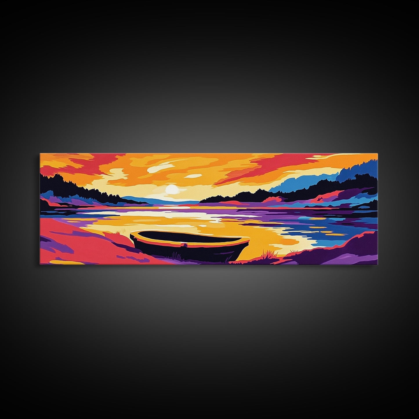 Sunset Boat, Serene Lake, Framed Canvas Print, Tranquil Water Art, Calm Landscape, Warm Color Palette, Boho Home Decor, Bedroom Wall Art