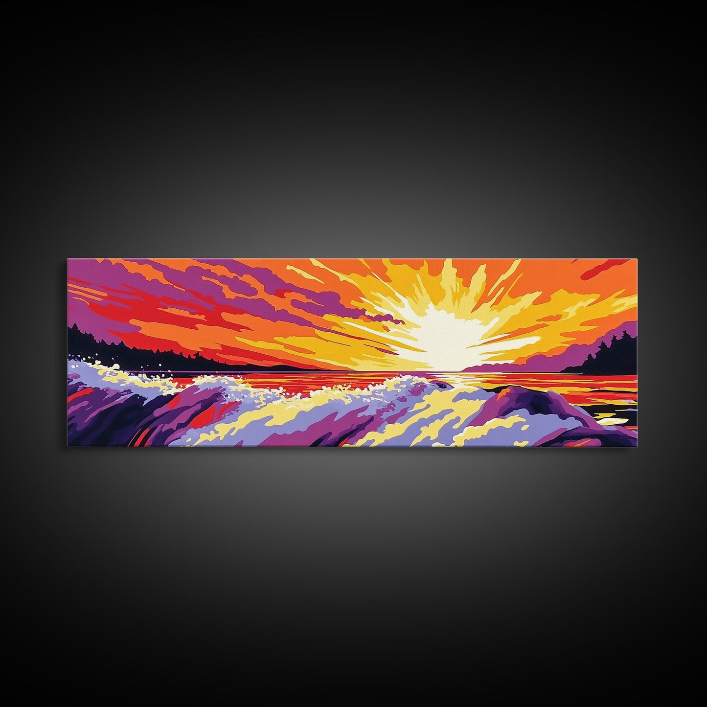 Ocean Waves, Fiery Sunset, Framed Canvas Print, Bold Seascape Art, Nature Scene, Coastal Home Decor, Modern Wall Art, Office Decor