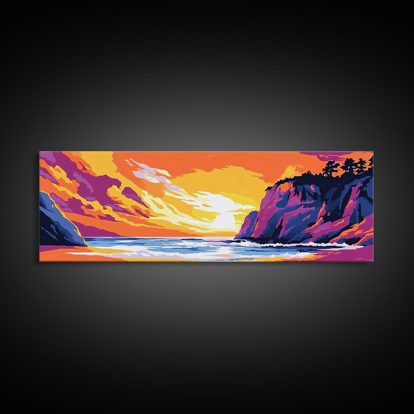 Cliffside Beach, Ocean Waves, Sunset Paradise, Framed Canvas Print, Coastal Landscape Art, Relaxing Home Decor, Vibrant Summer Vibes