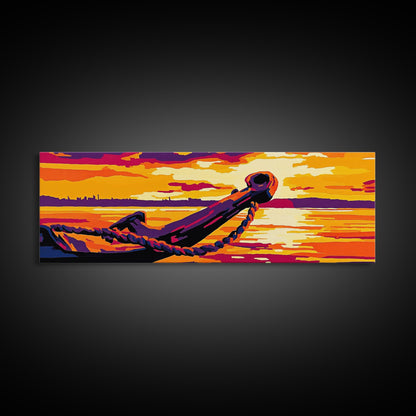 Nautical Anchor, Golden Sunset, Ocean View, Canvas Print, Coastal Home Decor, Vibrant Seascape, Beach Wall Art, Bold Nautical Art