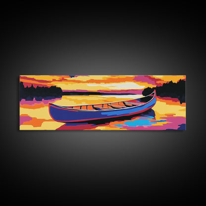 Canoe, Sunset, Water, Framed Canvas Print, Vibrant Lake Art, Nature Wall Art, Rustic Decor, Adventure Art, Cabin Wall Art, Autumn Artwork