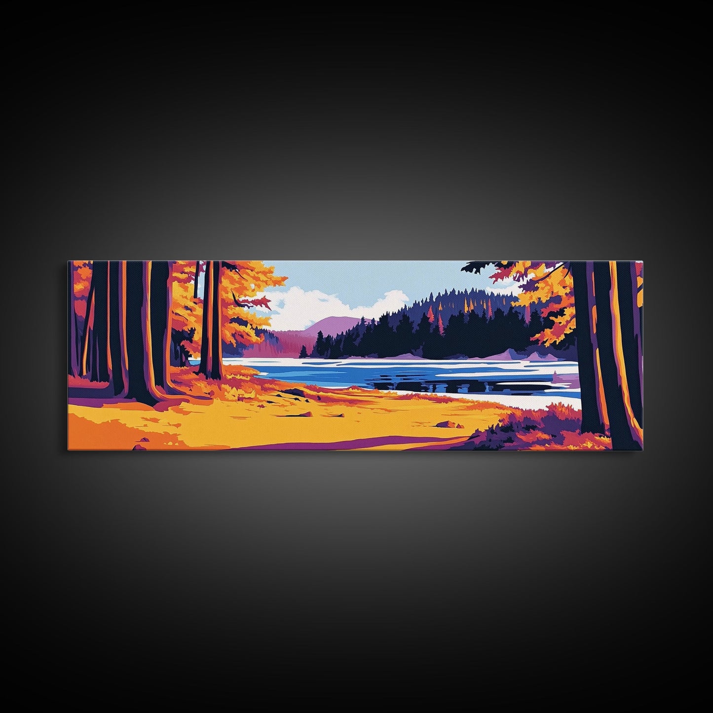 Autumn Forest, Lake View, Rustic Cabin Decor, Nature Lover Print, Fall Season Art, Framed Canvas Print, Cozy Living Room Wall Art